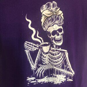 Skeleton with Coffee graphic on purple t-shirt, Size Medium